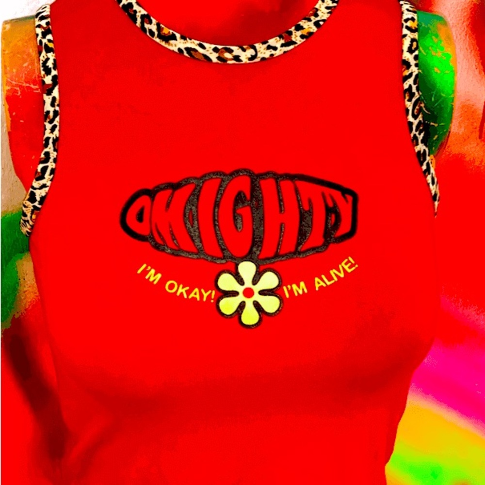 OMIGHTY: "IM OK IM ALIVE BABY TANK IN RED WITH LEOPARD PRINT TRIMMING- NEW!